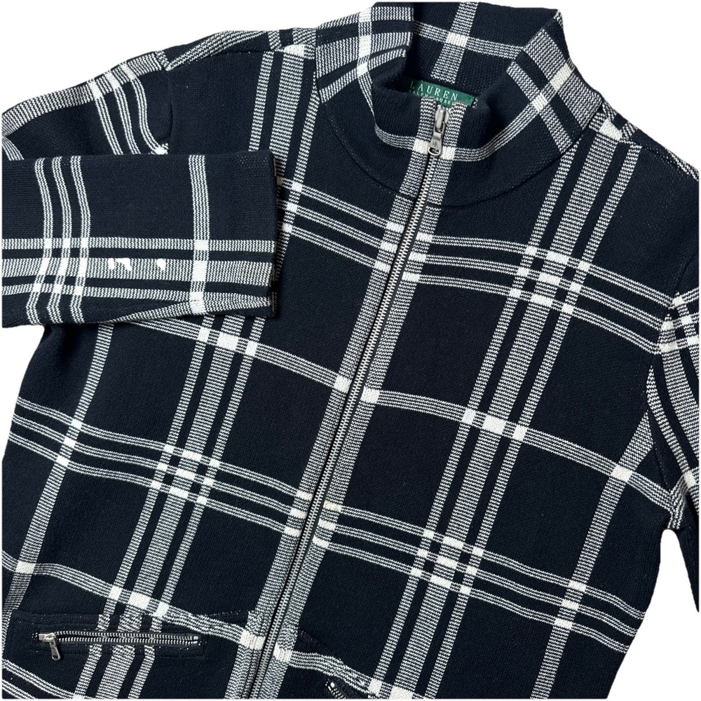 Lauren Ralph Lauren‎ Womens Black White Plaid Full Zip Cotton Cardigan Sweater L